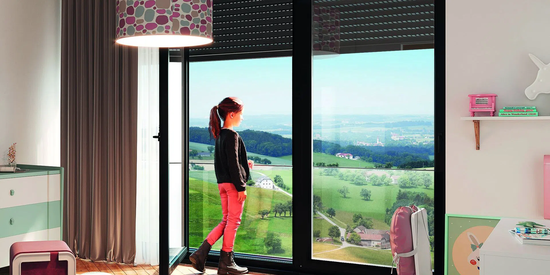 Rolety do oken můžete doplnit skleněnou balustrádou připevněnou na jejich konstrukci.